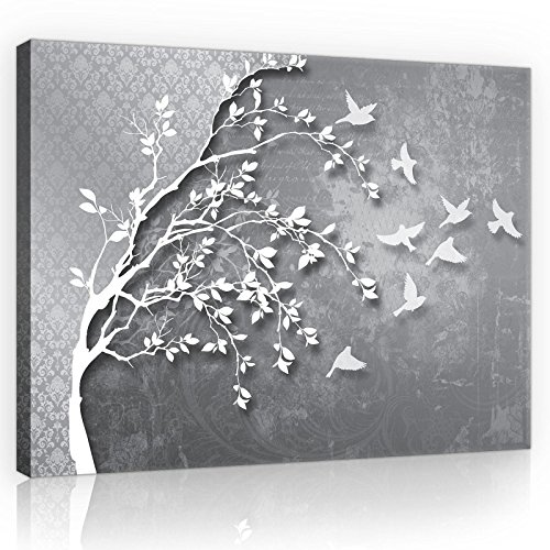 Forwall Bilder Canvas Silber Baum Vögel Modern Schlafzimmer Wohnzimmer Leinwandbilder Wandbild Kunstdruck Wandbilder Wand Bild auf Leinwand Aufhängefertig (10231, O4 (60 x 40 cm)) von Forwall