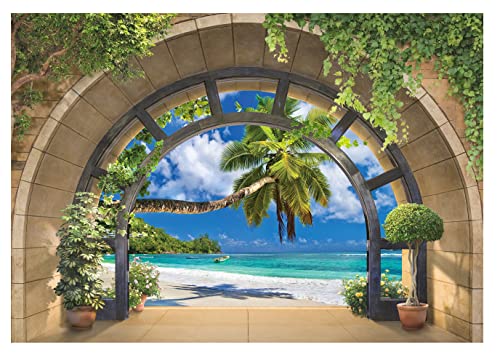 Forwall - Vlies Fototapete Fenster Strand Meer Palmen Natur Landschaft Ausblick 312x219 cm - Fototapeten - Tapeten für Wohnzimmer Schlafzimmer Vliestapete Wandtapete Tapete 3D Effekt- inkl. Kleister von Forwall