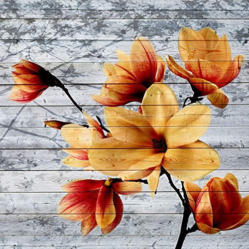 FORWALL Fototapete Vlies - Tapete Moderne Wanddeko Orange Blumen auf Holzbretter V4 (254cm. x 184cm.) AMF3521V4 Wandtapete Design Tapete Wohnzimmer Schlafzimmer von FORWALL