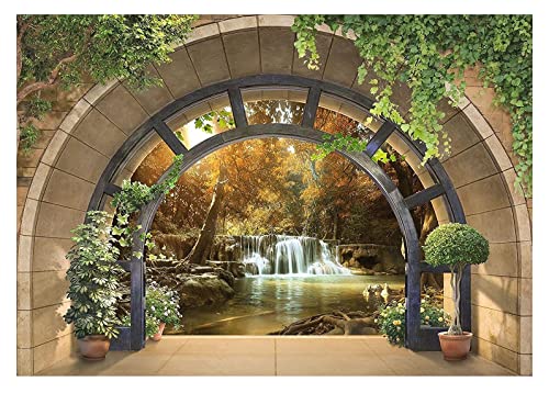 Forwall Fototapete 3D Effekt Fenster Wasserfall Wald Natur Ausblick 368x254 cm - inkl. Kleister - Vliestapete Wohnzimmer Schlafzimmer Vlies Tapete Wandtapete UV-Beständig Montagefertig von Sundeer