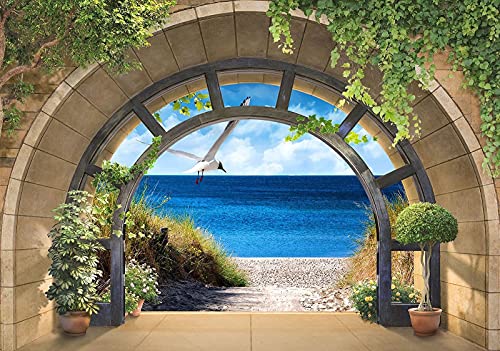 Forwall Fototapete 3D Fenster Dünen Möwe Meer Strand Nordsee Wohnzimmer Schlafzimmer Vlies Tapete Wandtapete UV-Beständig Hohe Auflösung Montagefertig (11551, V8 (368x254 cm) 4 Bahnen) von FORWALL