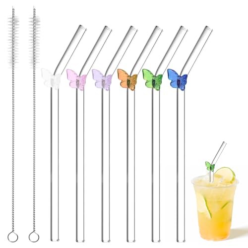 FORYNXHWIN 6 Stück Glasstrohhalme Glas Wiederverwendbar Trinkhalme, Trinkhalme Glas Gebogen mit Reinigungsbürsten für Säfte, Cocktails, Smoothie, Kaffee, Milch（Schmetterling） von FORYNXHWIN