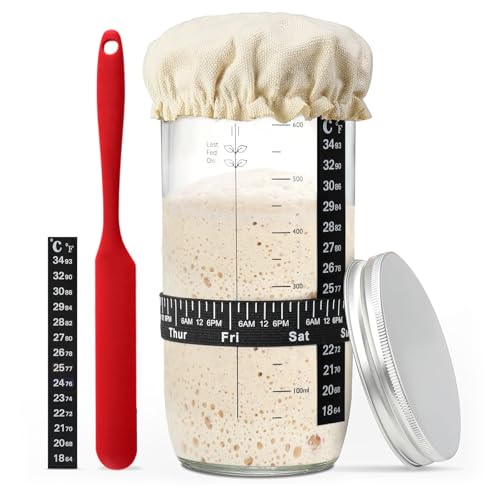 FORYNXHWIN Sauerteig Starter Set, Wide Bore 730ml Sauerteig Starterglas mit Spatel u. Thermometer, Cloth Cover & Metall-Deckel, Hausbacken Zubehör, Fermentierglas, Anstellgut Glas Behälter von FORYNXHWIN