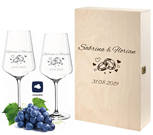 FORYOU24 2 Leonardo Weingläser mit Gravur in Geschenk Weinkiste | Motiv Ringe | personalisiertes Geschenk zur Hochzeit von FORYOU24