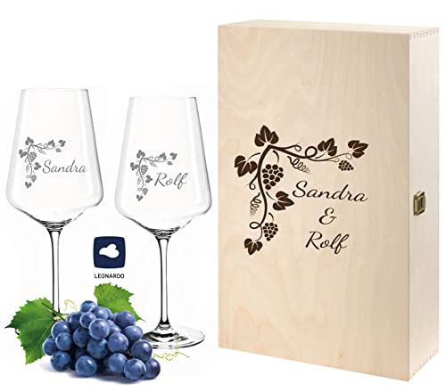 FORYOU24 2 Leonardo Weingläser mit Gravur in Geschenk Weinkiste | Motiv Weinranke | personalisiertes Geschenk zur Hochzeit von FORYOU24