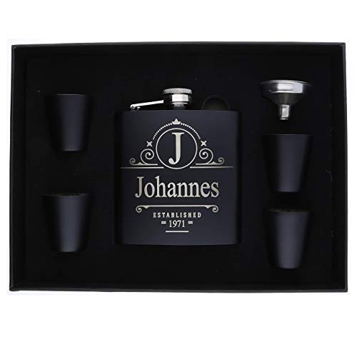 FORYOU24 Edelstahl Flachmann mit Gravur Set Matt-Schwarz mit Wunsch-Gravur Vintage 4 Becher, Trichter und Geschenkverpackung graviert mit Name Geschenkidee von FORYOU24
