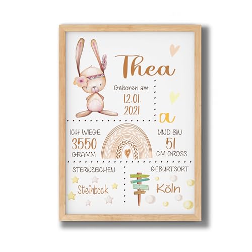 FORYOU24 Poster Kinderzimmer GEBURTSTAFEL BOHO | Geburtsdaten Poster | Geburtsposter | Geburtsanzeige | Geburtsbild | personalisiertes Geschenk Geburt Rosa Hase von FORYOU24