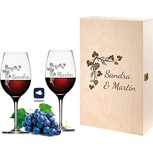 FORYOU24 Leonardo Weingläser mit Gravur von Namen & Datum in Vintage Weinkiste Weinranke - Geschenk zur Hochzeit, Jahrestag oder Verlobung von FORYOU24