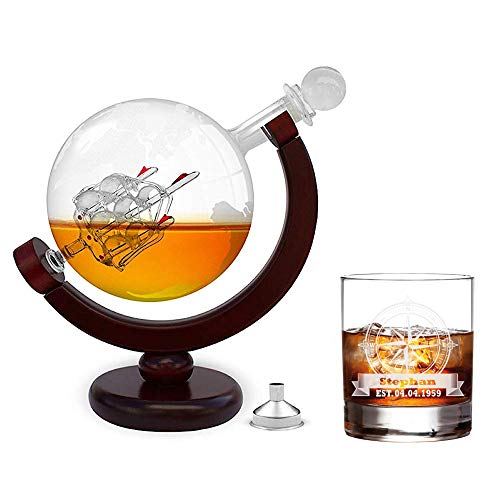 FORYOU24 Whiskeykaraffe im Globus Design + Whiskeyglas mit Gravur - Weltkugel Dekanter aus Glas mit Segelschiff Dekor - Geschenk für Männer- Scotch Decanter - Hergestellt in Handarbeit von FORYOU24