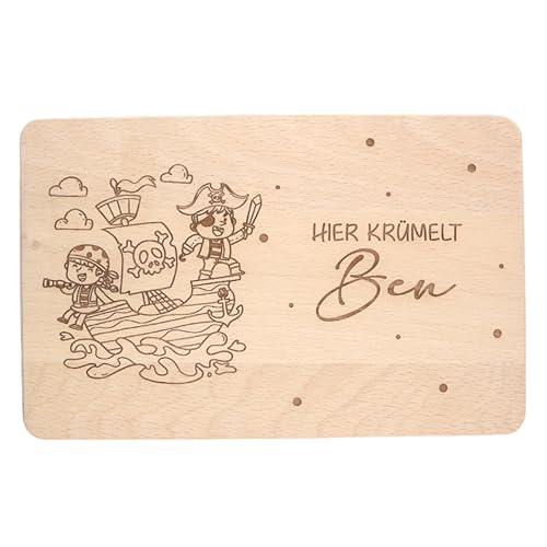 Individuelles Holzbrett mit Gravur für Kinder - Personalisiertes Frühstücksbrettchen - Motiv Pirat mit Namen von FORYOU24