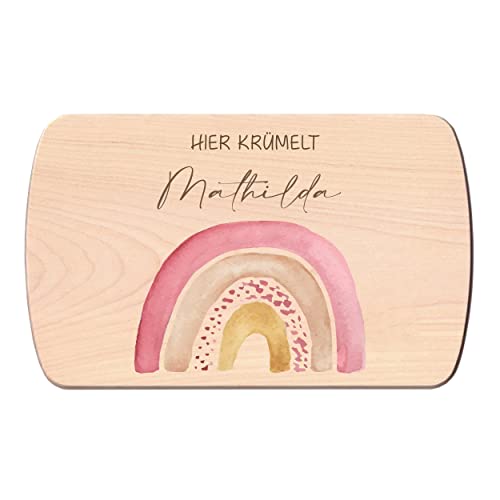 Individuelles Holzbrett mit Gravur für Kinder - Personalisiertes Frühstücksbrettchen - Motiv Regenbogen Rosa mit Namen von FORYOU24