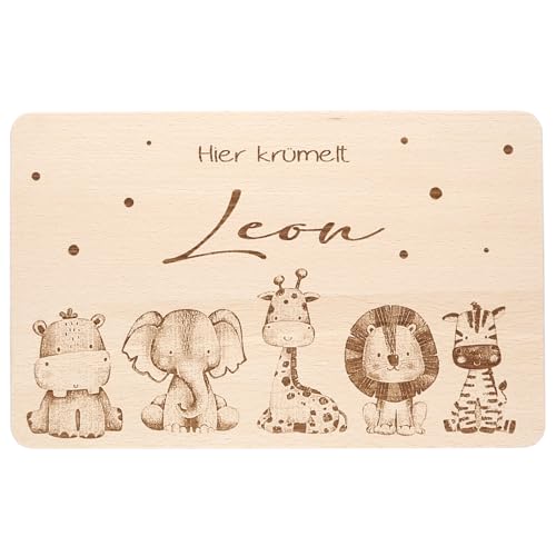 Individuelles Holzbrett mit Gravur für Kinder - Personalisiertes Frühstücksbrettchen - Motiv Safari Friends mit Namen von FORYOU24