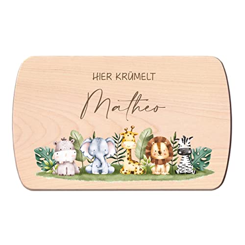 Individuelles Holzbrett mit Gravur für Kinder - Personalisiertes Frühstücksbrettchen - Motiv Safarie Friends mit Namen von FORYOU24