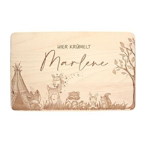Individuelles Holzbrett mit Gravur für Kinder - Personalisiertes Frühstücksbrettchen - Motiv Waldfreunde mit Namen von FORYOU24