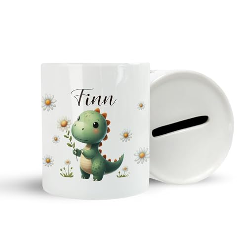 Personalisierte Spardose mit Wunschname | Sparschwein Geschenk Geburtstag Ostern | Geldgeschenk mit Wunschnamen mit süßem Tiermotiv und eigenen Namen für Jungs oder Mädchen | Dino von FORYOU24