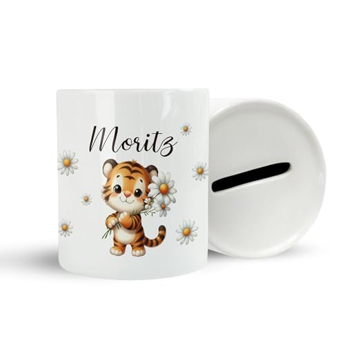 Personalisierte Spardose mit Wunschname | Sparschwein Geschenk Geburtstag Ostern | Geldgeschenk mit Wunschnamen mit süßem Tiermotiv und eigenen Namen für Jungs oder Mädchen | Tiger von FORYOU24