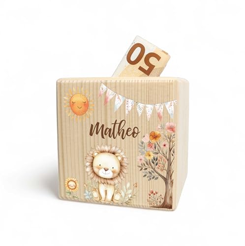Spardose Kinder aus Holz mit Schlüssel | Personalisierte Spardose Holz mit Premium Druck | Sparschwein Kinder, Sparbox zum Geldsparen als Kinder Geschenke für Mädchen & Jungen Motiv: Löwe Spardose Kinder aus Holz mit Schlüssel | Personalisierte Spardose Holz mit Premium Druck | Sparschwein Kinder, Sparbox zum Geldsparen als Kinder Geschenke für Mädchen & Jungen Motiv: Löwe von FORYOU24