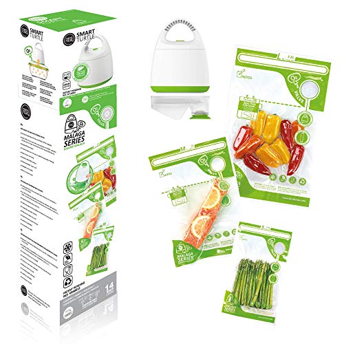 fosa Starter-Kit – Turtle Kompakter Vakuumierer/Pumpe + Satz aus 14 Vakuumbeuteln für Lebensmittel in Verschiedenen Größen (4 x Klein, 4 x Mittel, 6 x Groß) von fosa