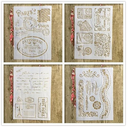 Wiederverwendbare Schablonen, 4 Stück, A4, 29 x 21 cm, Paris-Stempelschablone zum Malen auf Holz, Möbel, Boden, Dekoration, DIY-Zubehör von FOSANGNANTU