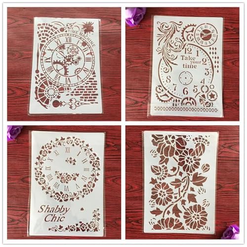 Wiederverwendbare Schablonen, 4 Stück, A4, 29 x 21 cm, Uhr-Schablone zum Malen auf Holz, Möbeln, Böden, Dekoration, DIY-Zubehör von FOSANGNANTU