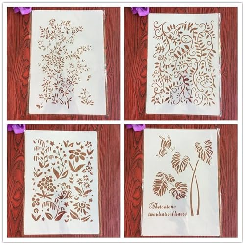 Wiederverwendbare Schablonen, A4, 29 x 21 cm, Blumenblatt-Schablonen zum Malen auf Holz, Möbeln, Böden, Dekoration, Bastelzubehör, Muster A, 4 Stück von FOSANGNANTU