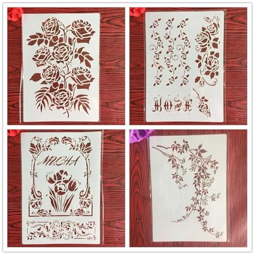 Wiederverwendbare Schablonen, A4, 29 x 21 cm, Blumenschablone zum Malen auf Holz, Möbel, Boden, Dekoration, Bastelzubehör, Muster B, 4 Stück Wiederverwendbare Schablonen, A4, 29 x 21 cm, Blumenschablone zum Malen auf Holz, Möbel, Boden, Dekoration, Bastelzubehör, Muster B, 4 Stück von FOSANGNANTU