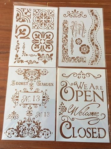 Wiederverwendbare Schablonen, A4, 29 x 21 cm, Buchstaben-Alphabet-Schablonen zum Malen auf Holz, Möbel, Boden, Dekoration, DIY-Zubehör, Stil 7, 4 Stück von FOSANGNANTU