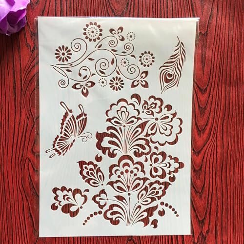 Wiederverwendbare Schablonen, A4, 29 x 21 cm, Schmetterling, Blume, Schablone zum Malen auf Holz, Möbel, Boden, Dekoration, DIY-Zubehör von FOSANGNANTU