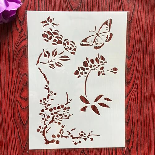 Wiederverwendbare Schablonen, A4, 29 x 21 cm, Schmetterlings-Blumen, Schablone zum Malen auf Holz, Möbel, Boden, Dekoration, DIY-Zubehör von FOSANGNANTU