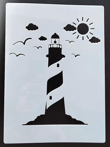 Wiederverwendbare Schablonen, Leuchtturm-Schablone zum Malen auf Holz, Möbel, Boden, Dekoration, Heimwerkerbedarf, Stil 3, 21 x 29 cm von FOSANGNANTU