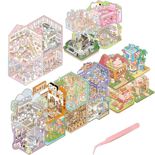 FOSDICK 3D Sticker Scene Book, Sticker Therapy mit Pinzette, DIY 3D House Stickers, 3d Hausaufkleber, Cartoon Miniatur Szenen Aufkleber, Fun Stacking Haus Aufkleber Relief Stress für Erwachsene Kinder FOSDICK 3D Sticker Scene Book, Sticker Therapy mit Pinzette, DIY 3D House Stickers, 3d Hausaufkleber, Cartoon Miniatur Szenen Aufkleber, Fun Stacking Haus Aufkleber Relief Stress für Erwachsene Kinder von FOSDICK