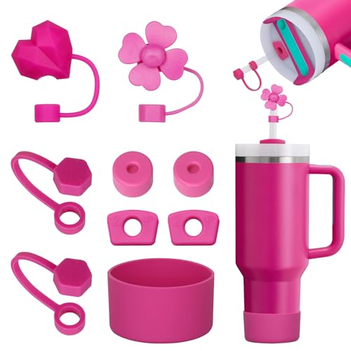 FOSFUKEER Stanley Cup-Zubehörset, enthält 6 auslaufsichere Silikonstopfen,2 Stück Strohdeckel, 1 Silikonhülle für Stanley Cup 1,2 l- und 850 ml-Becher,Cups nicht enthalten (Fuchsia) von FOSFUKEER