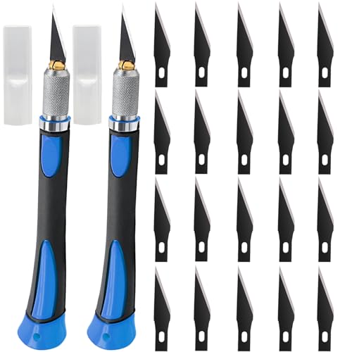 FOSHIO 2 Stück Skalpell Messer Set Bastelmesser Skalpell Set Skalpell Basteln mit 20 pcs Ersatzklingen und Schutzkappe, Cuttermesser Profi,Cutter klingen für Folien, Papier, Blau von FOSHIO