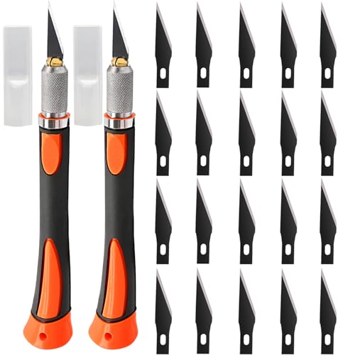 FOSHIO 2 Stück Skalpell Messer Set Bastelmesser Skalpell Set Skalpell Basteln mit 20 pcs Ersatzklingen und Schutzkappe, Cuttermesser Profi,Cutter klingen für Folien, Papier, Orange von FOSHIO