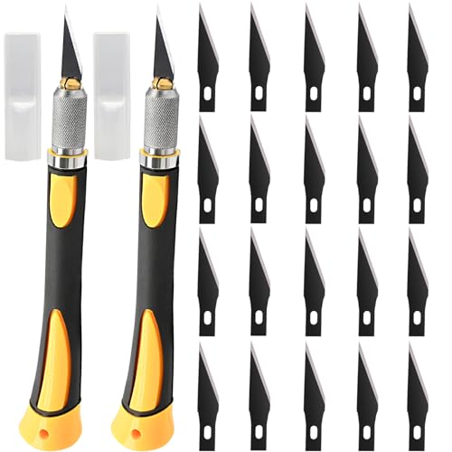 FOSHIO 2 Stück Skalpell Messer Set Bastelmesser Skalpell Set Skalpell Basteln mit 20 pcs Ersatzklingen und Schutzkappe, Cuttermesser Profi,Cutter klingen für Folien, Papier, Gelb von FOSHIO