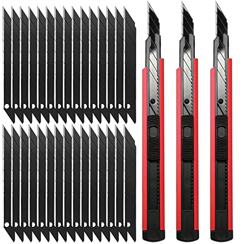 FOSHIO 3 Stück Professional 9mm Messer Cuttermesser mit 30 pcs 30°Abbrechklingen, Cuttermesser Profi, Cutter klingen für Folien, Papier, Basteln und Tapete Rot von FOSHIO