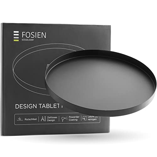 FOSIEN® Design Tablett Schwarz aus Metall mit Anti Rutsch Beschichtung auf der Unterseite/dekoteller als rundes tablett mit zeitlosem Design, als deko Schale für deko Haus (Classic Black) von FOSIEN