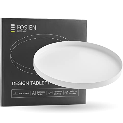 FOSIEN® Design Tablett Schwarz aus Metall mit Anti Rutsch Beschichtung auf der Unterseite/dekoteller als rundes tablett mit zeitlosem Design, als deko Schale für deko Haus (Classic White) von FOSIEN