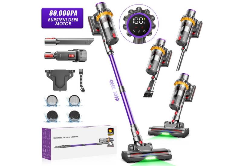 FOSMET Akku-Hand-und Stielstaubsauger Akku Staubsauger 80000Pa/650W/75mins Kabelloser Stabstaubsauger, 650 W, 1.8L Akkusauger Super Leise,Elektrische Sauger Anti-Tangle-Bürste, Stabstaubsauger für Hartböden Teppiche Tierhaare von FOSMET