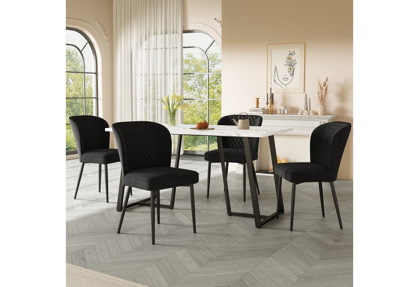 FOSMET Essgruppe Samtstühle in 3 Farben, MDF-Tischplatte, Rautenmuster-Rückenlehne, (1 Tisch + 4 Stühle), Samtstühle in 3 Farben, MDF-Tischplatte, Rautenmuster von FOSMET