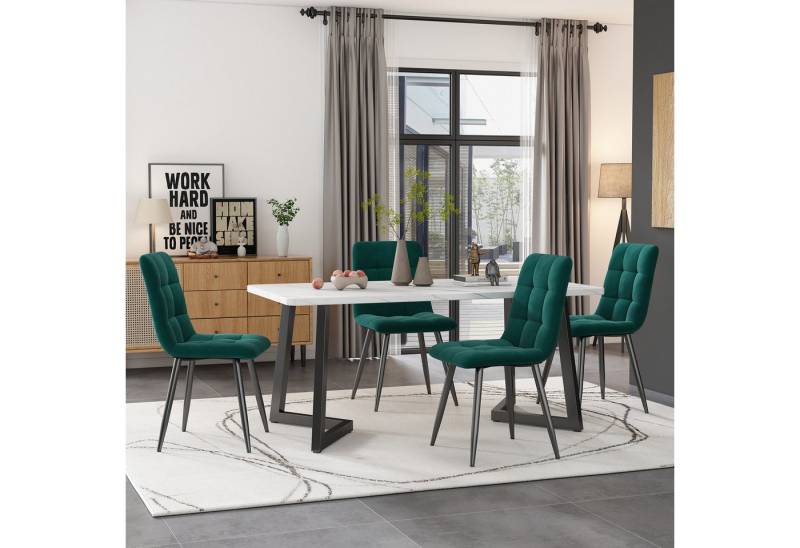 FOSMET Esstisch Rechteckiger Esstisch Moderner Küchentisch Set, Esszimmerstuhl Samt (Essgruppe, 117×68cm-1 Tisch + 4 Stühle, 140×80cm-1 Tisch + 4 Stühle), 2 Tischgrößen verfügbar,4 Stuhlfarben(Grün, Beige, Braun, Grau) von FOSMET