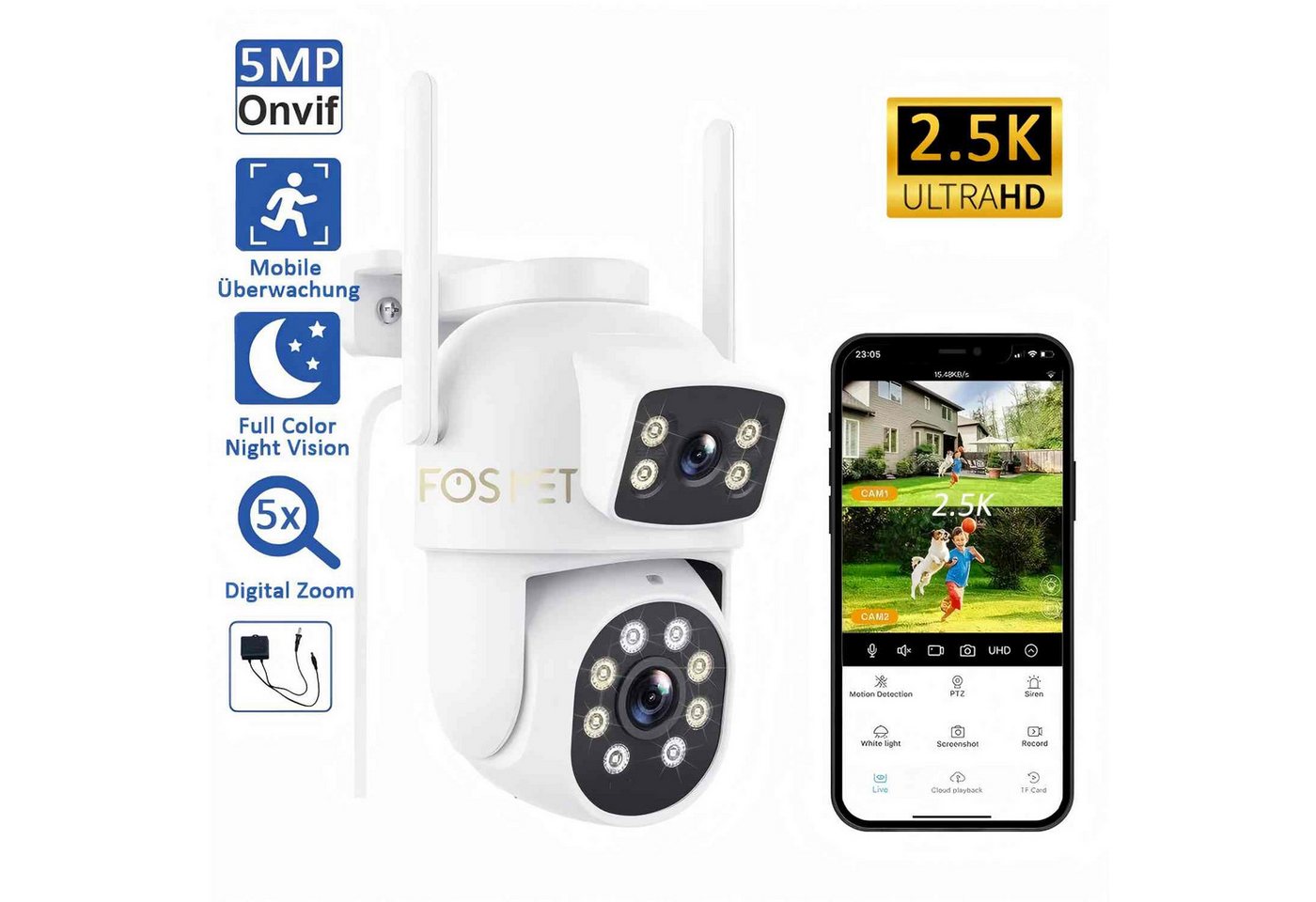 FOSMET Überwachungskamera 5MP/2.5K Dual Überwachungskamera Aussen WLAN, 355°/90° Kamera Outdoor (Automatischer Verfolgung, Personen-/Fahrzeugerkennung, Farbnachtsicht, 5MP/2.5K Dual-View-Panorama,Nachtsicht in voller Farbe, mit kabel,Gerauscherkennung) von FOSMET