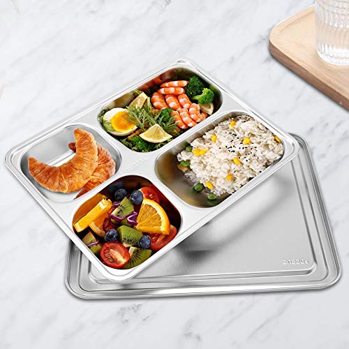 Edelstahl Tablett, Lebensmittel-Serviertablett aus Edelstahl, Lunchbox Fächern und geteilten Tellern und Deckel für die Küche der Cafeteria-Kantine in der Schule(4 Geteilt) von FOTABPYTI