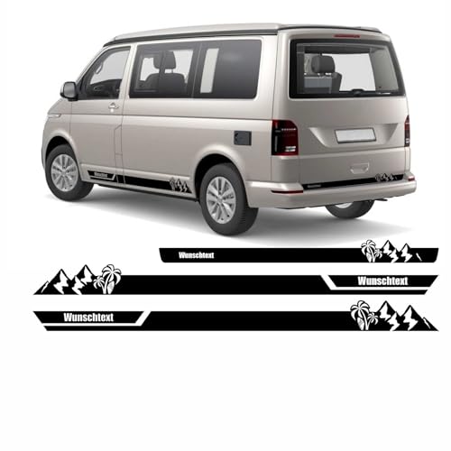 Seitenstreifen Aufkleber Berge-Palme-Surfbrett passend für VW T6.1, T6, T5, Multivan, Bulli, Transporter - Seitenaufkleber mit WUNSCHTEXT von FOTOFOL