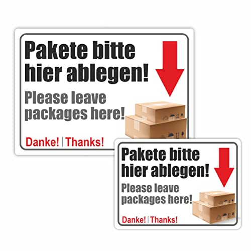 Hinweisaufkleber für den Innen- und Außenbereich ("Pakete bitte hier ablegen!" - "Please leave packages here!" - Aufkleber für die Zustellung von Paketen 21x15cm) von FOTOFOL