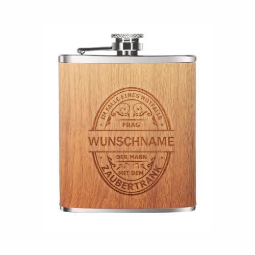 Personalisierter Flachmann mit Gravur - 207 ml Edelstahl-Flachmann in Holzoptik – Geschenk für Männer und Frauen – Ideales Schnapsgeschenk (Zaubertrank) von FOTOFOL