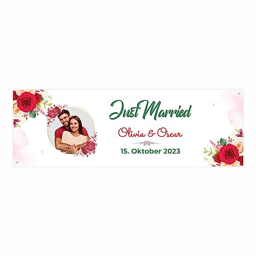Personalisiertes Banner zur Hochzeit "Just Married" mit Foto, Namen und Datum - Hochzeitsbanner, Dekoration - Jubiläumsbanner - 150x50cm oder 225x75cm von FOTOFOL
