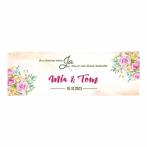 Personalisiertes Banner zur Hochzeit "Pastell Rosen" mit Namen, Datum und Wunschtext - Hochzeitsbanner, Goldene Hochzeit -Dekoration - Jubiläumsbanner - 150x50cm oder 225x75cm von FOTOFOL