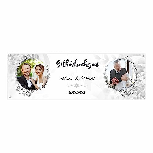 Personalisiertes Banner zur Hochzeit mit Fotos, Namen, Datum und Wunschtext - Hochzeitsbanner, Silberhochzeit, Goldhochzeit -Dekoration-Jubiläumsbanner - 150x50cm oder 225x75cm von FOTOFOL