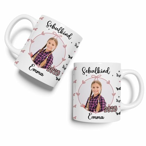 Tasse Einschulung 2025 - Endlich Schulkind - mit Name und Foto Personalisieren - Geschenk zur Schulanfang (Schmetterlinge) von FOTOFOL